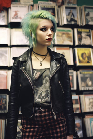 young woman with green hair in leather jacket with vinyl records on the wallの素材