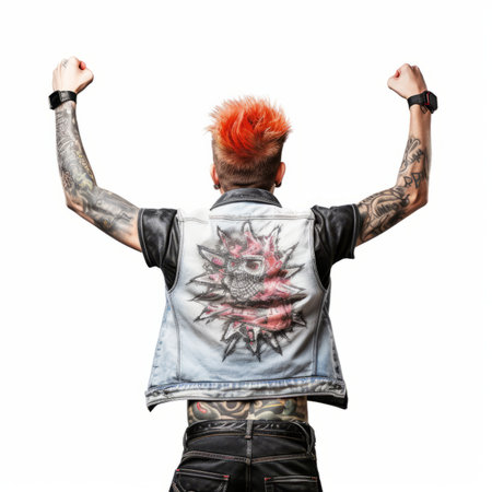 Man with tattoos on his arms, back view. Isolated over white background.の素材