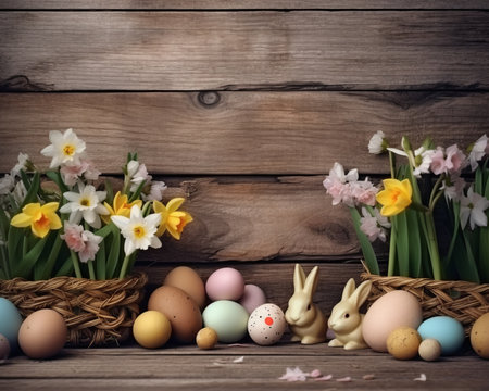 Easter eggs and daffodils on a wooden background.の素材