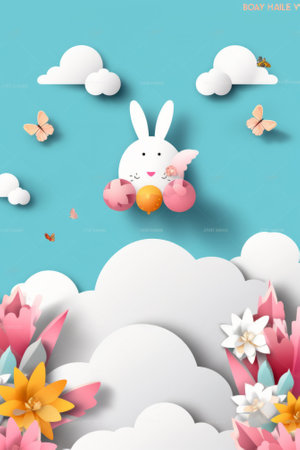 Paper art of rabbit and flower in the sky with paper craft style.の素材