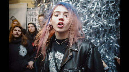 Portrait of a beautiful girl with pink hair in a black leather jacketの素材
