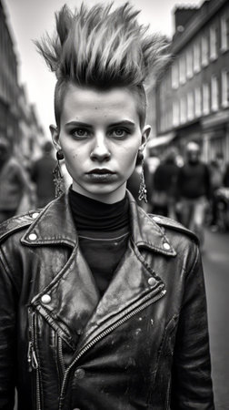 Black and white portrait of a punk girl in a leather jacket on the streetの素材
