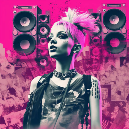 Beautiful young woman with pink hair and headphones listening to music. Disco club.の素材