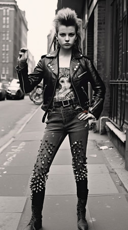 Fashionable young woman in black leather jacket posing on the street.の素材