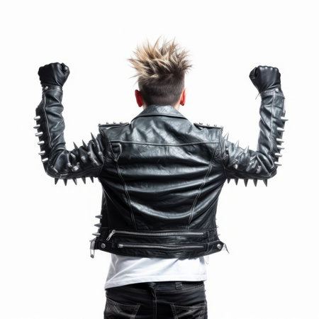 Young man in leather jacket, back view, isolated on white backgroundの素材