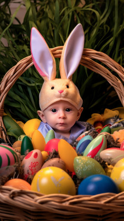 Cute little boy in bunny costume with basket full of Easter eggsの素材