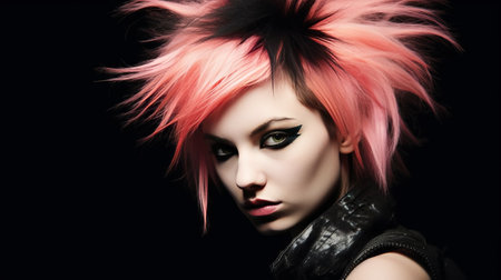Fashion portrait of young beautiful woman with pink hair on black backgroundの素材