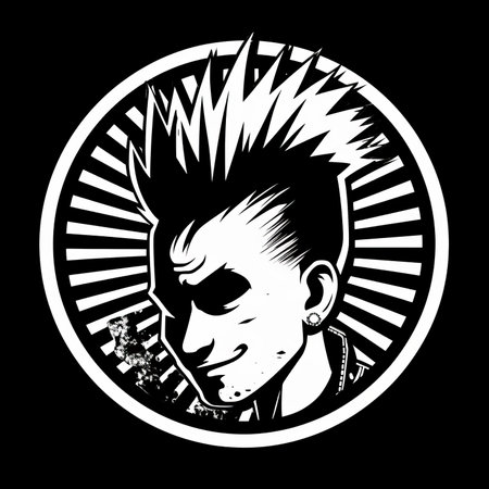 Vector illustration of a punk rocker man on black background with sunburst.の素材