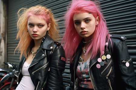 Two beautiful girls with pink hair and leather jackets on the street.の素材