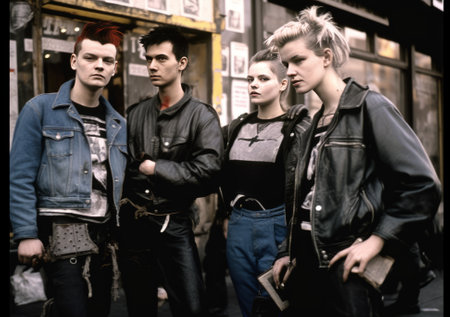 Group of young people standing in the street. Black and white photo.の素材