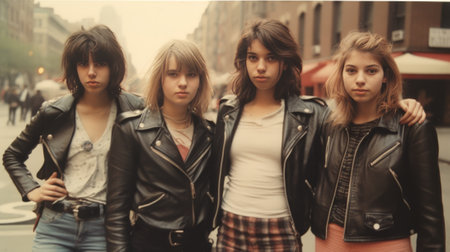 Group of young hipster girls on the street in New York Cityの素材