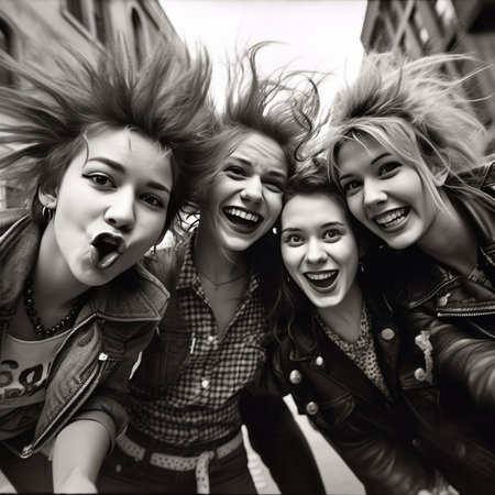 Group of happy young women in the city. Black and white photo.の素材
