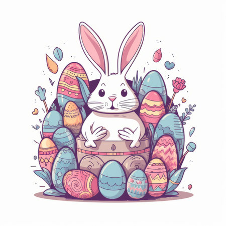 Easter greeting card with cute bunny and eggs. Vector illustration.の素材