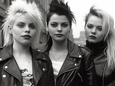 Three young beautiful women in leather jackets on the street. Black and white photo.の素材