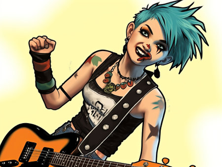 Rock girl playing the electric guitar. Vector illustration in pop art style.の素材