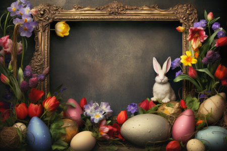 Easter eggs and spring flowers on blackboard background with copy spaceの素材