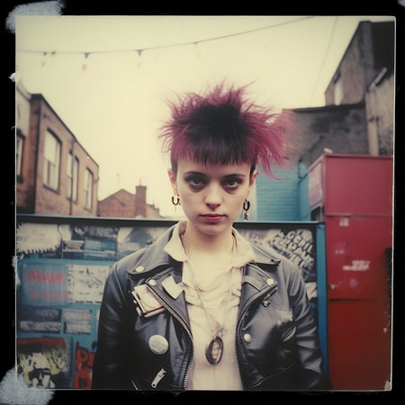 young beautiful hipster woman with short pink hair in the city streetsの素材