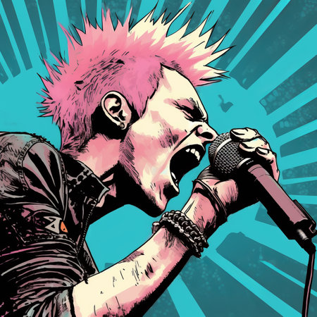 Karaoke singer with pink hair and microphone. Vector illustration.の素材