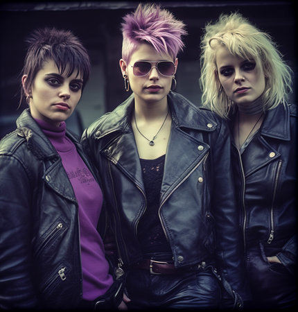 Three young punk women in leather jackets and sunglasses posing outdoor. Fashion shot.の素材