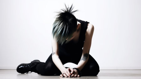 Young woman with blue hair sitting on the floor in the studio.の素材