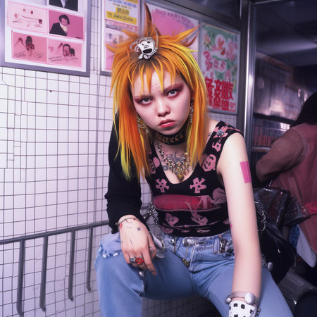 young punk girl with bright orange hair and punk make-up in a subway stationの素材