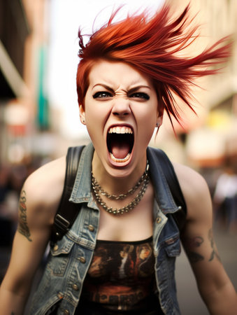 Portrait of a young punk girl screaming in the city street.の素材