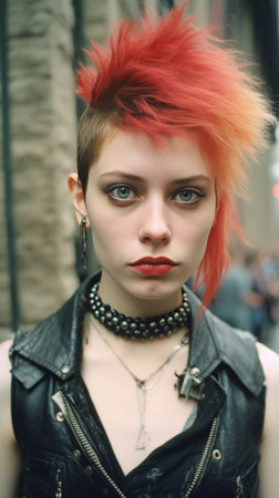 young woman with red hair in a black leather jacket on the streetの素材