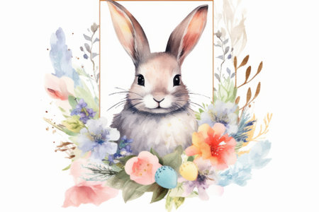 Easter greeting card with watercolor easter bunny and flowers.の素材