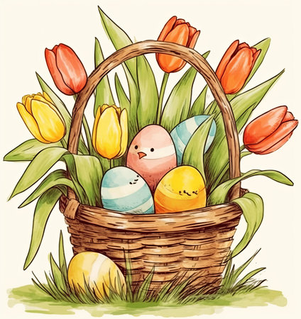 Basket with easter eggs and tulips. Vector illustration.の素材
