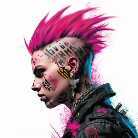 Portrait of a punk girl with pink hair and graffiti on her face.の素材