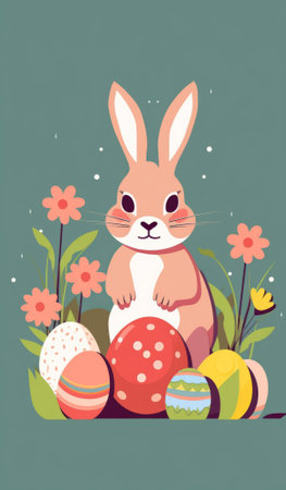 Easter bunny with eggs and flowers. Vector illustration in flat styleの素材