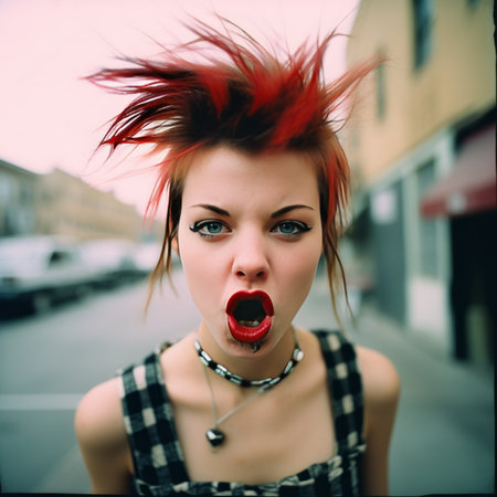 Portrait of a beautiful young woman with red hair on the streetの素材