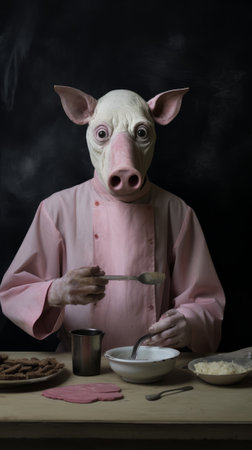 Pig in a pink shirt and a white mask on a black backgroundの素材