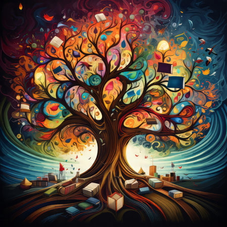 abstract colorful tree with gifts on a dark background, vector illustrationの素材