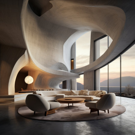 Interior of modern living room with wooden walls, concrete floor, beige armchairs and round coffee table. 3d renderingの素材
