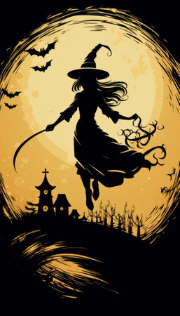 Halloween background with a witch flying on a broomstick. Vector illustration.の素材