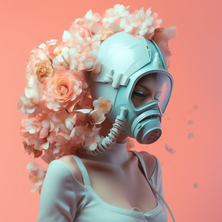 3D rendering of a beautiful woman wearing a gas mask with flowersの素材
