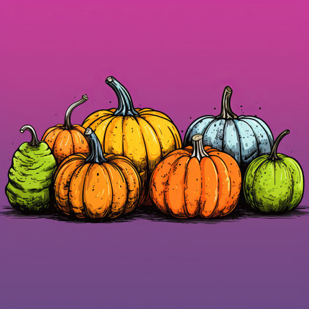 Colorful pumpkins on a purple background. Vector hand drawn illustration.の素材
