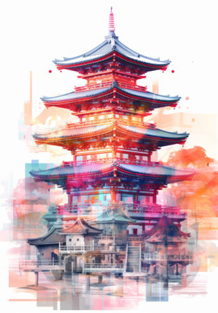 Pagoda in Tokyo, Japan. Digital watercolor painting.の素材