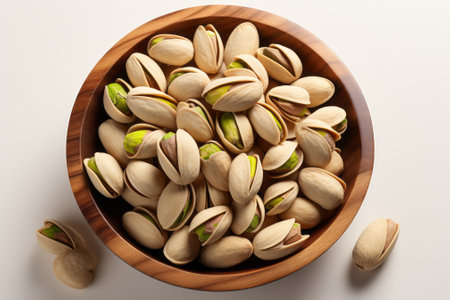 Pistachio nuts in wooden bowl on white background, top viewの素材