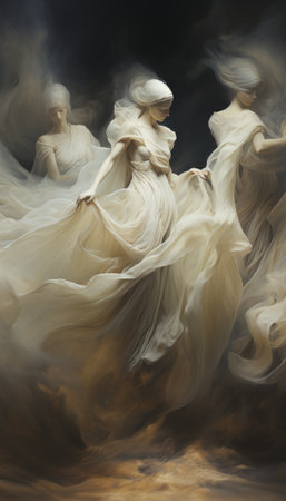 Two young women in white wedding dress with veil and smoke in studioの素材
