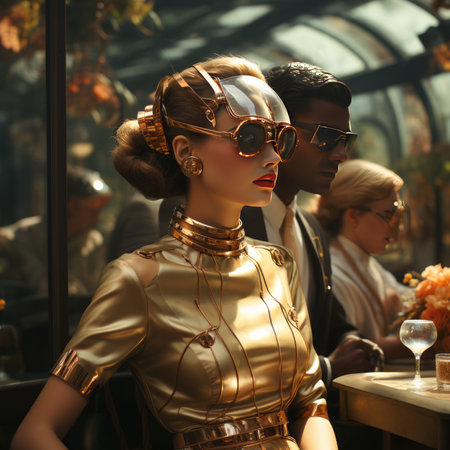 Fashion shot of a beautiful young woman in a golden dress and sunglasses.の素材