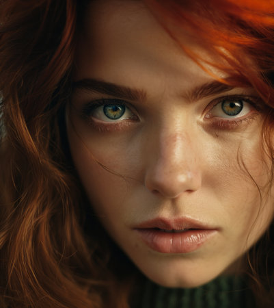Portrait of a beautiful young woman with red hair and green eyesの素材