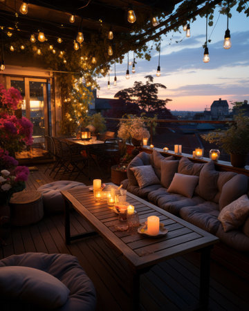 Outdoor terrace in the evening with candles on the table.の素材