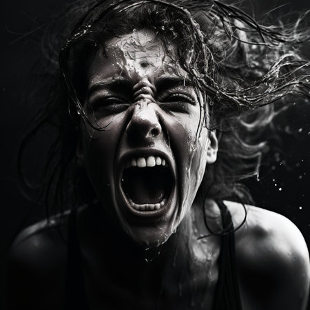 Portrait of a young woman with wet hair screaming on black backgroundの素材