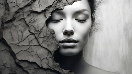 Portrait of a beautiful woman with closed eyes looking through hole in the wallの素材