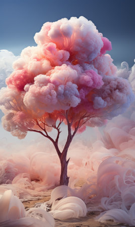 Conceptual image of a stylized tree with pink smoke.の素材