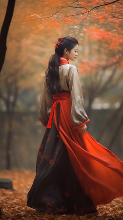 Beautiful asian woman in traditional kimono walking in autumn forestの素材