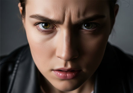 Close-up portrait of a woman with a serious expression, furrowed brow, and intense gaze. The lighting creates shadows.の素材