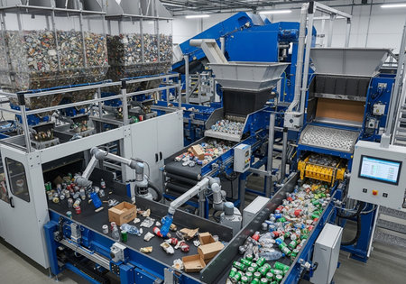 Automated conveyor belts and machinery sort plastic bottles and cardboard in a modern recycling...